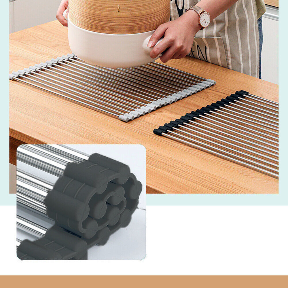 Roll-Up Stainless Steel Sink Drying Rack – Space-Saving Dish Drainer Mat