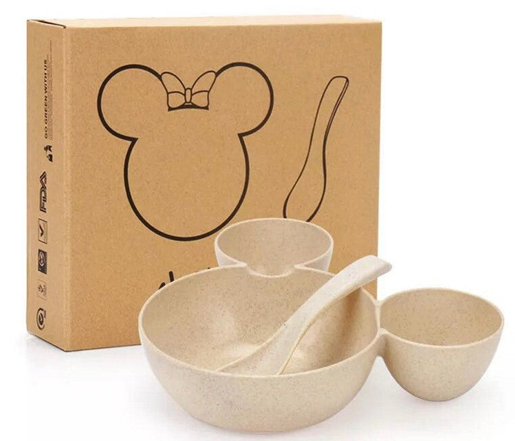 Children's Wheat Straw Dinnerware Set – Cute Mickey Bowl, Fork, Spoon & Chopsticks | Eco-Friendly Gift Set