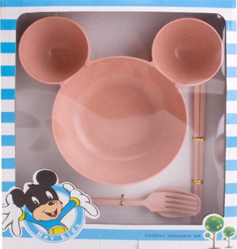 Children's Wheat Straw Dinnerware Set – Cute Mickey Bowl, Fork, Spoon & Chopsticks | Eco-Friendly Gift Set