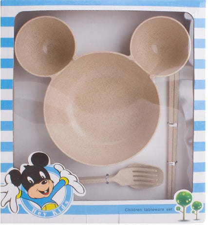 Children's Wheat Straw Dinnerware Set – Cute Mickey Bowl, Fork, Spoon & Chopsticks | Eco-Friendly Gift Set