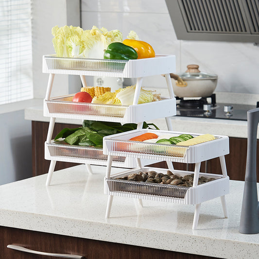 Kitchen Folding Storage Rack – Stackable Space-Saving Organizer with Draining Basket for Fruits & Vegetables