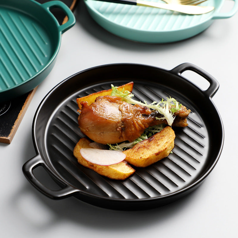 Ceramic Binaural Baking Tray – Round Pizza & Oven-Safe Dish for Stylish Serving