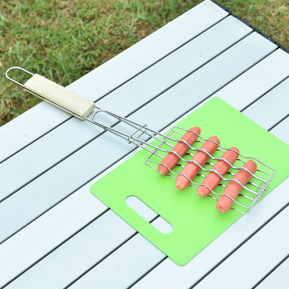 Outdoor Grilling Accessories – Wooden Handle BBQ Tongs & Rack for Sausages, Vegetables & More