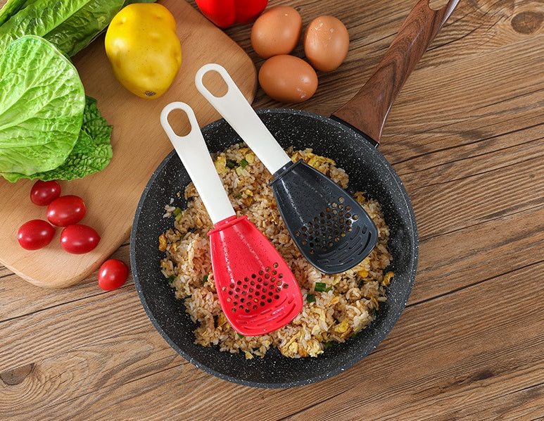 Multifunctional Slotted Cooking Spoon – Garlic Press, Food Masher & Stir-Frying Spatula in One