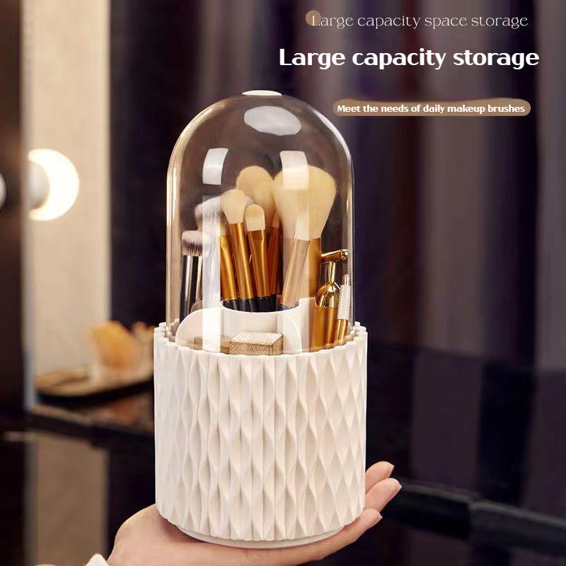 360° Rotating Acrylic Makeup Brush Holder – Large-Capacity Transparent Cosmetic Organizer with Lid