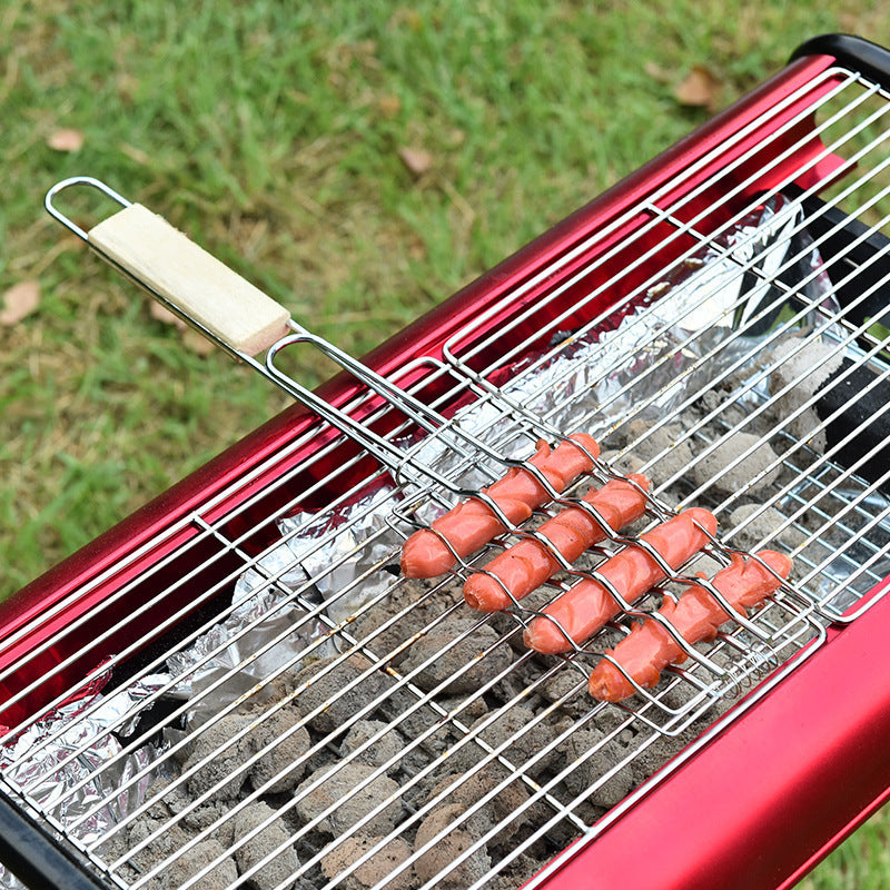 Outdoor Grilling Accessories – Wooden Handle BBQ Tongs & Rack for Sausages, Vegetables & More