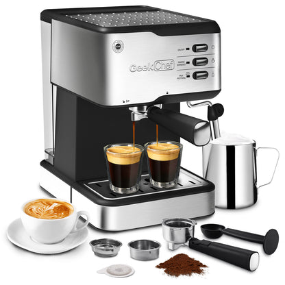 Geek Chef 20-Bar Espresso Machine – Cappuccino & Latte Maker with Milk Frother, ESE Pod Compatible, 950W, 1.5L Tank