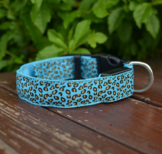 LED Dog Collar – Adjustable Nylon Safety Collar with Leopard Print for Pets