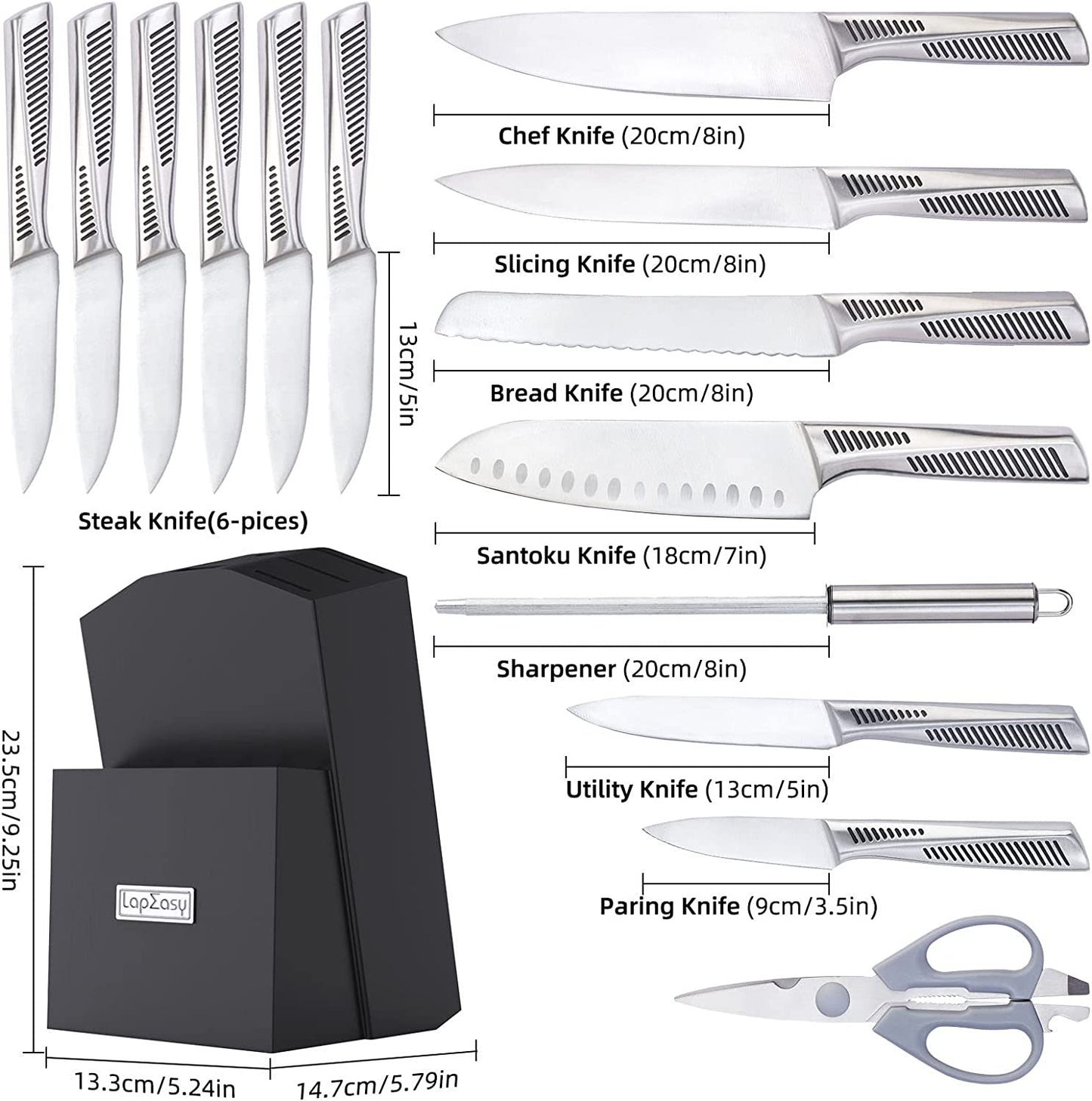 LapEasy 15-Piece Kitchen Knife Set – Stainless Steel Chef Knives with Block & Manual Sharpener