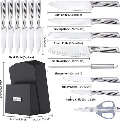 LapEasy 15-Piece Kitchen Knife Set – Stainless Steel Chef Knives with Block & Manual Sharpener