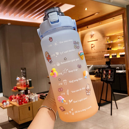 Cute 2000ml Water Bottle with Straw – Portable Hydration Bottle with Motivational Scale & Stickers