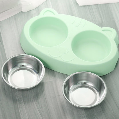 Double Dog Bowls – Stainless Steel Food & Water Feeder with Non-Slip Resin Base for Cats & Medium Dogs