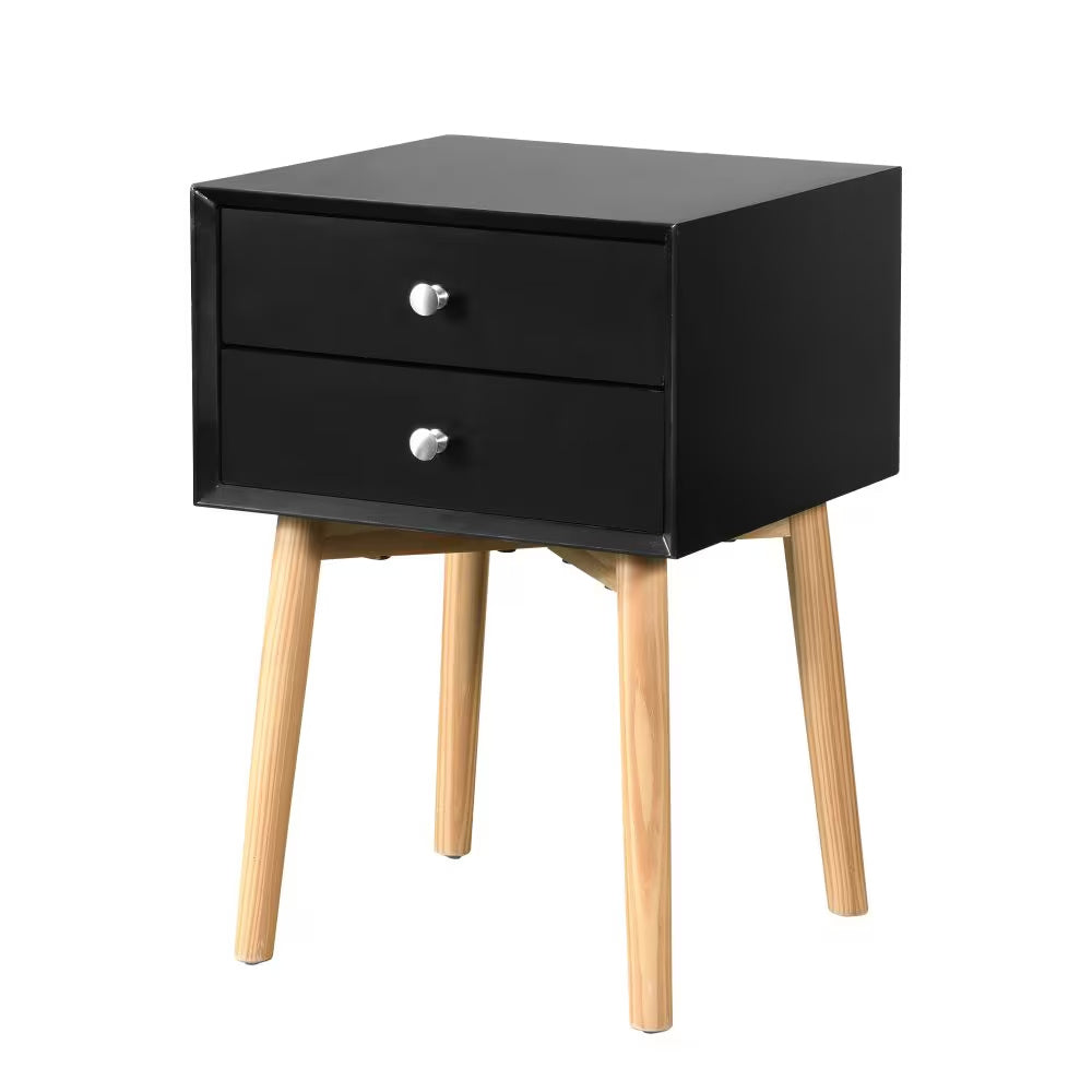 Mid-Century Modern Bedside Table – 2-Drawer Side Table with Rubber Wood Legs