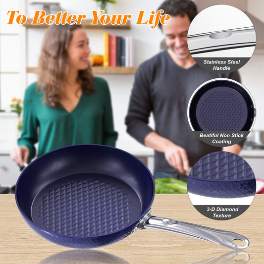 3-Piece Non-Stick Frying Pan Set – Blue 3D Diamond Cookware for Even Cooking