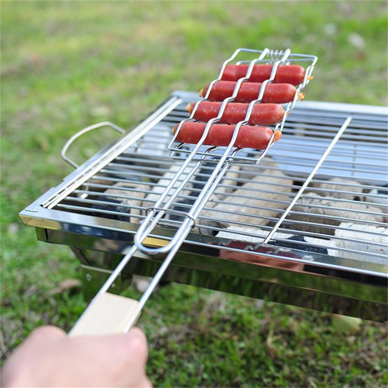 Outdoor Grilling Accessories – Wooden Handle BBQ Tongs & Rack for Sausages, Vegetables & More