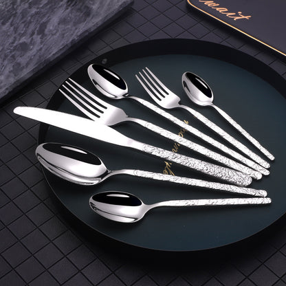 Embossed Textured Handle Steak Cutlery – Elegant Western Style Knife & Fork Set