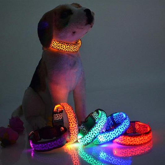 LED Dog Collar – Adjustable Nylon Safety Collar with Leopard Print for Pets