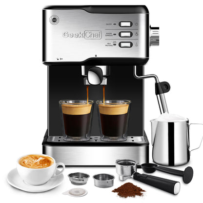 Geek Chef 20-Bar Espresso Machine – Cappuccino & Latte Maker with Milk Frother, ESE Pod Compatible, 950W, 1.5L Tank