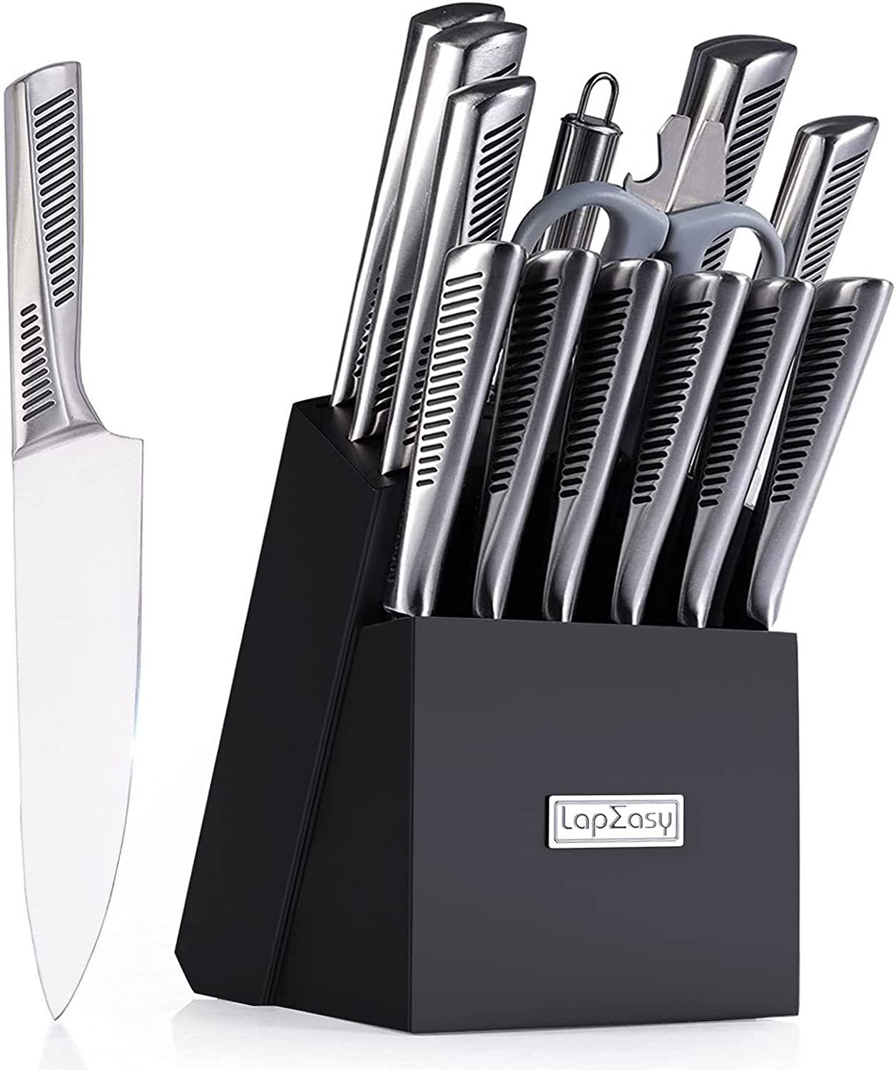 LapEasy 15-Piece Kitchen Knife Set – Stainless Steel Chef Knives with Block & Manual Sharpener