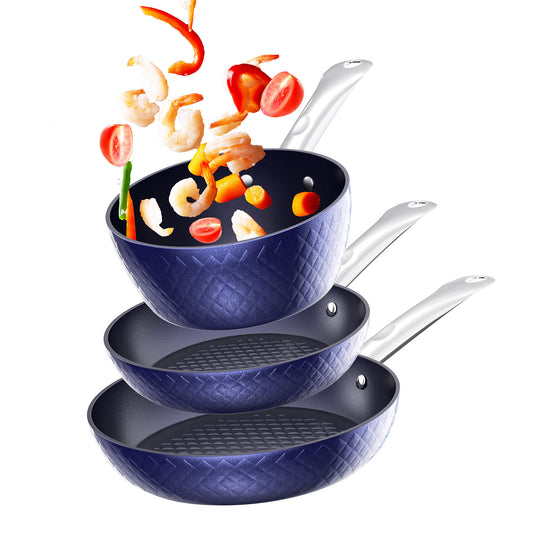 3-Piece Non-Stick Frying Pan Set – Blue 3D Diamond Cookware for Even Cooking