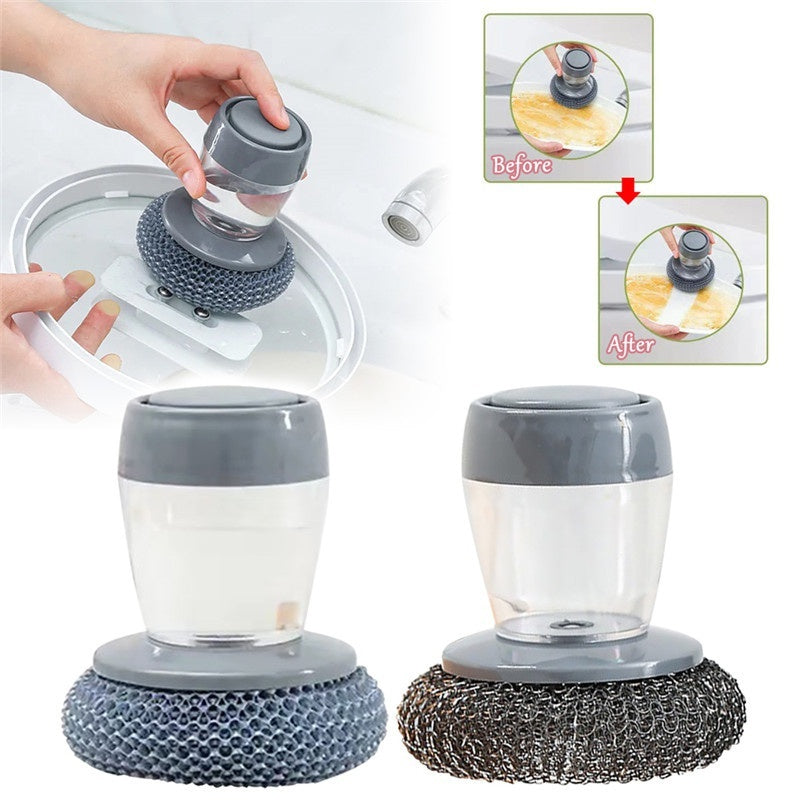 Push-Type Soap Dispensing Palm Brush – Kitchen Scrubber for Easy Dish Cleaning & Detergent Dispensing