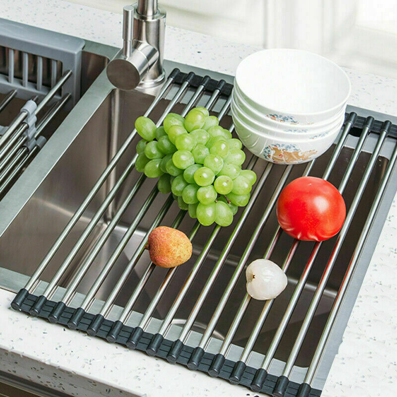 Roll-Up Stainless Steel Sink Drying Rack – Space-Saving Dish Drainer Mat