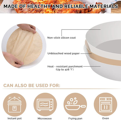 50PCS Air Fryer Paper Liners – 7.8 Inch Round Disposable Parchment Paper for Baking & Cooking