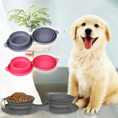 Foldable Double Pet Bowl – Portable Rubber Feeding Dish for Dogs & Cats