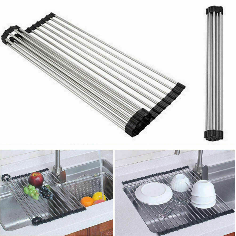 Roll-Up Stainless Steel Sink Drying Rack – Space-Saving Dish Drainer Mat