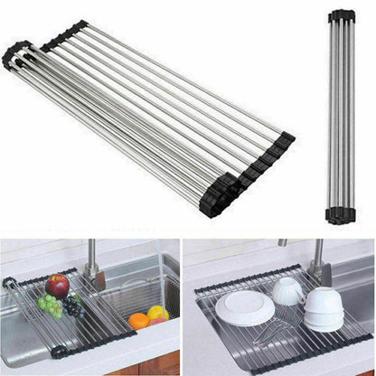 Roll-Up Stainless Steel Sink Drying Rack – Space-Saving Dish Drainer Mat