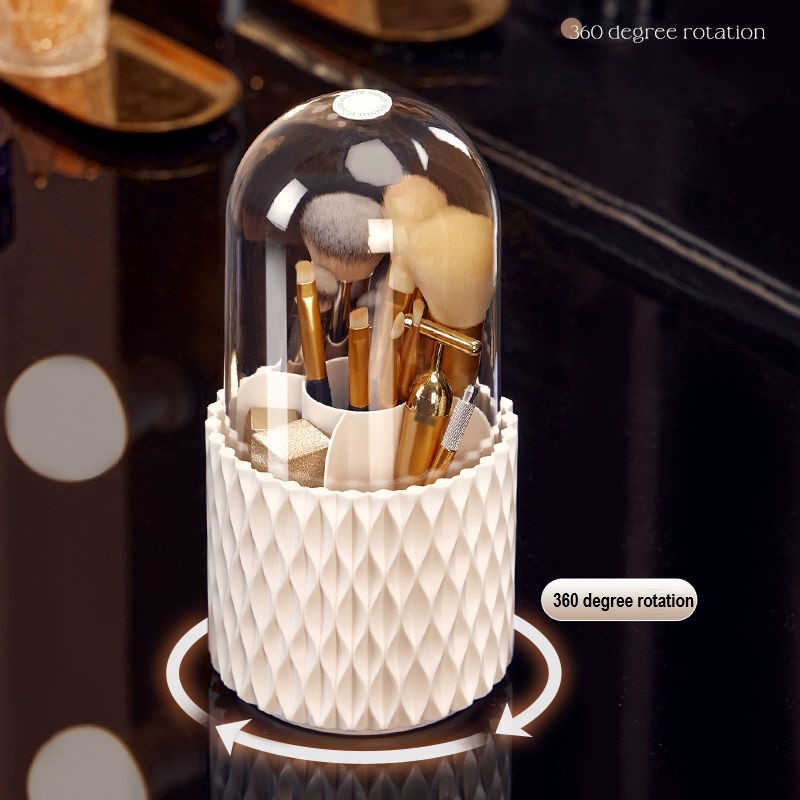 360° Rotating Acrylic Makeup Brush Holder – Large-Capacity Transparent Cosmetic Organizer with Lid