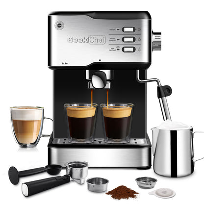 Geek Chef 20-Bar Espresso Machine – Cappuccino & Latte Maker with Milk Frother, ESE Pod Compatible, 950W, 1.5L Tank