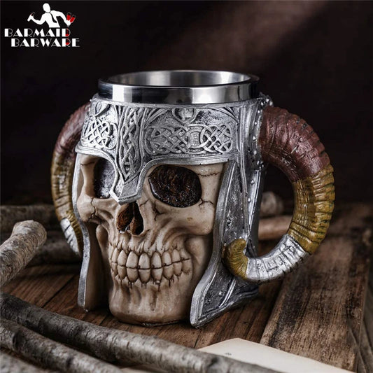 600ml Viking Skull Mug Stainless Steel Coffee Mugs Travel Cup Horn Drinking Tea Mug Halloween Mug Decoration Ceramic Tiki Mug