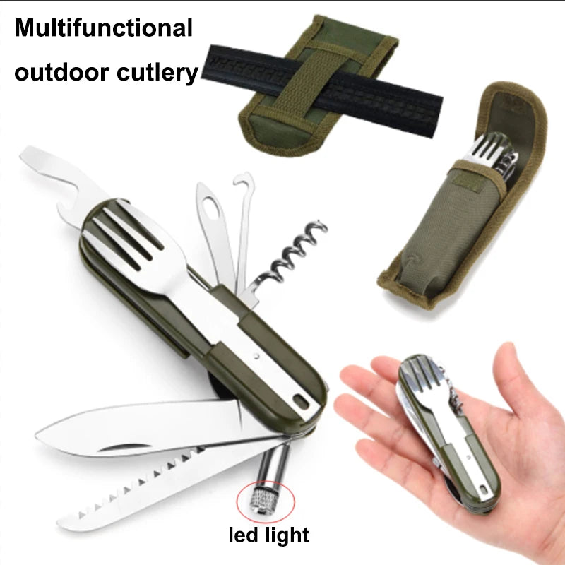 2022 Portable Camping Cutlery Set – Folding Army Green Knife, Fork, Spoon & Bottle Opener