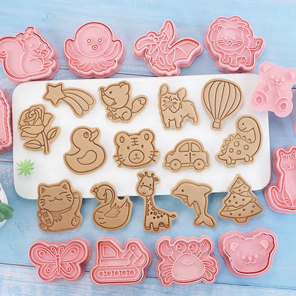 8-Piece 3D Cartoon Cookie Cutter Set – Pressable Plastic Biscuit & Pastry Molds for Baking