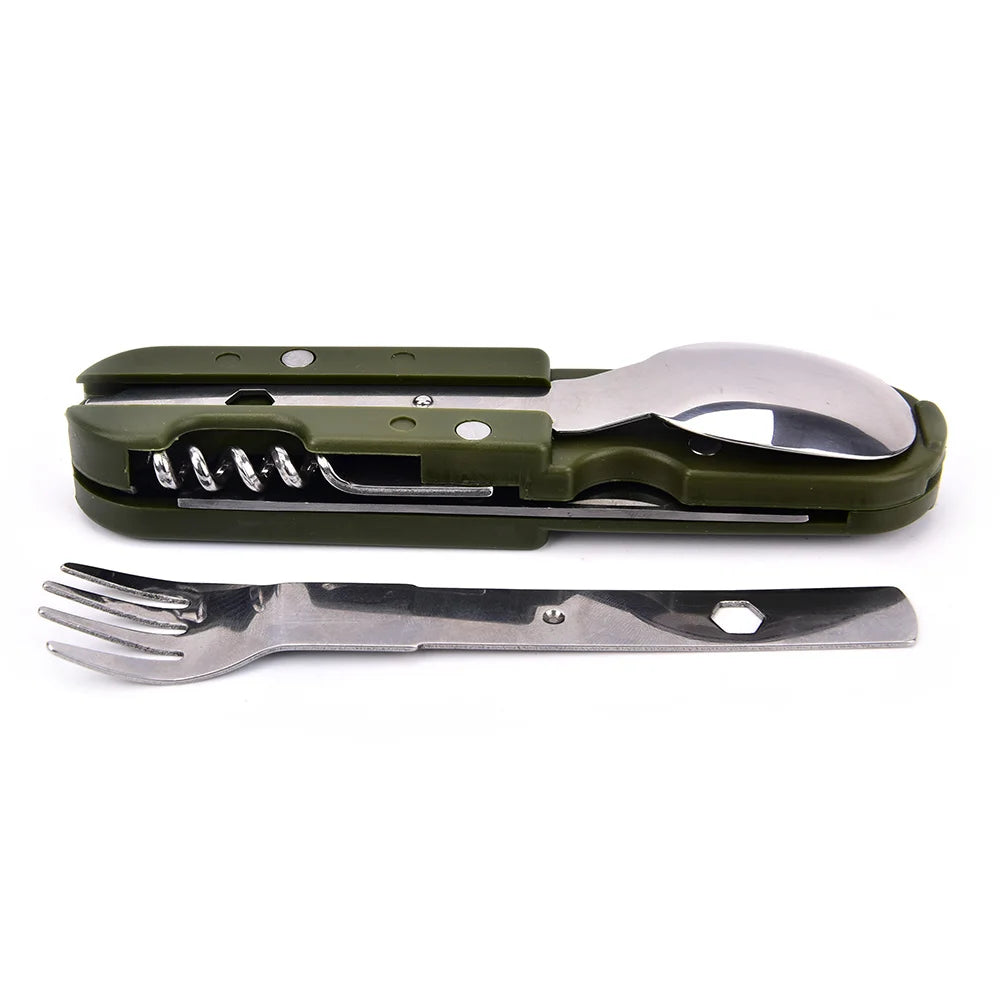 2022 Portable Camping Cutlery Set – Folding Army Green Knife, Fork, Spoon & Bottle Opener