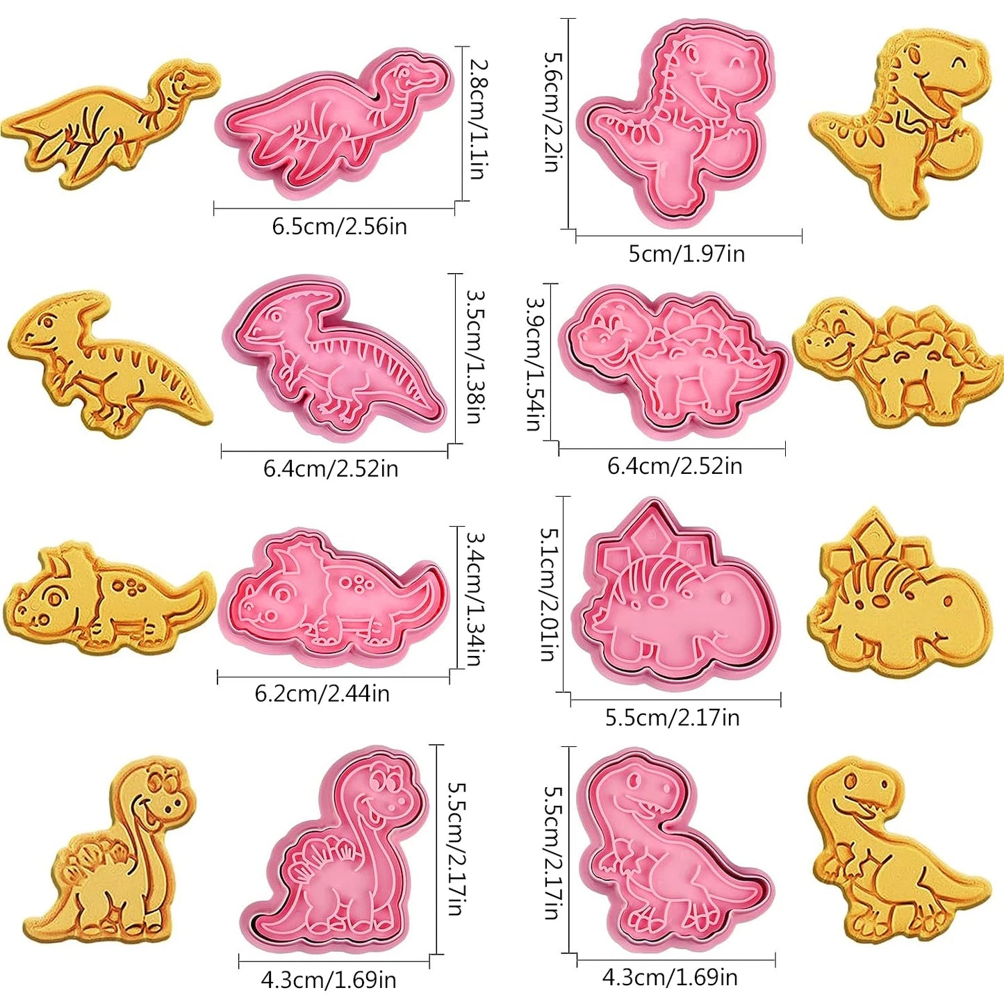 8-Piece 3D Dinosaur Cookie Cutter Set – Pressable Plastic Biscuit & Dough Stamp Molds