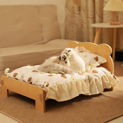 Wooden Cat & Dog Bed – Durable Indoor Pet Furniture with Teddy Bear Pattern (20x11'')