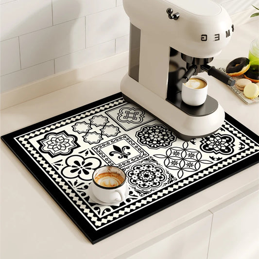 Retro Coffee Maker Mat – Non-Slip Quick-Dry Dish Drying Pad for Kitchen & Tableware