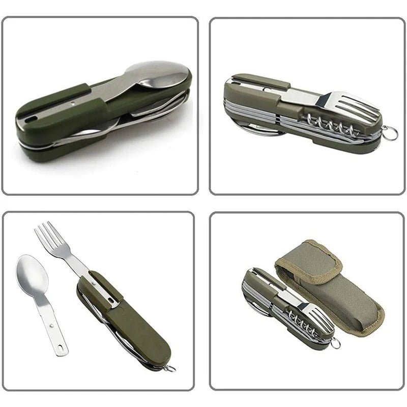 2022 Portable Camping Cutlery Set – Folding Army Green Knife, Fork, Spoon & Bottle Opener