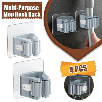 4PCS Wall-Mounted Mop & Broom Holder – Waterproof Storage Rack with Hooks for Household Tools