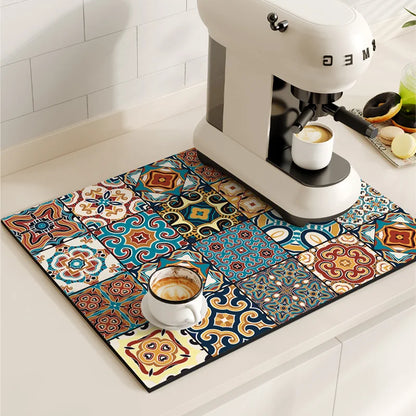 Retro Coffee Maker Mat – Non-Slip Quick-Dry Dish Drying Pad for Kitchen & Tableware