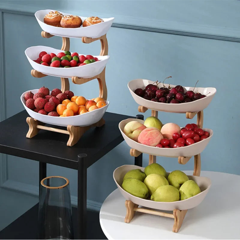 3-Tier Wooden Fruit Bowl & Snack Stand – Partitioned Table Plates for Dinnerware & Desserts