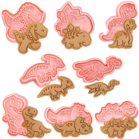 8-Piece 3D Dinosaur Cookie Cutter Set – Pressable Plastic Biscuit & Dough Stamp Molds