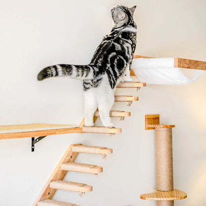 Wall-Mounted Cat Hammock & Perch – Space-Saving Wooden Climbing Tree & Scratching Post