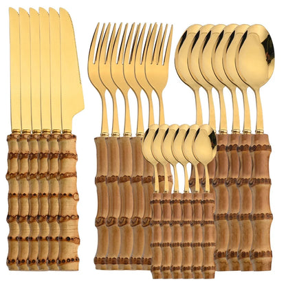 24-Piece Bamboo Cutlery Set – Stainless Steel Flatware with Natural Bamboo Handles