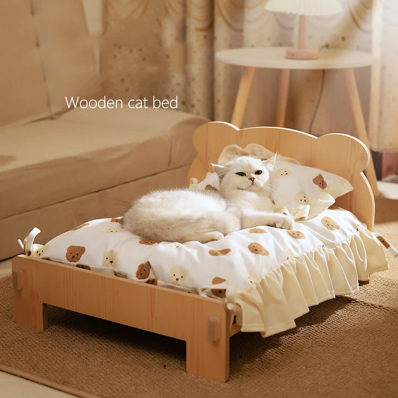 Wooden Cat & Dog Bed – Durable Indoor Pet Furniture with Teddy Bear Pattern (20x11'')