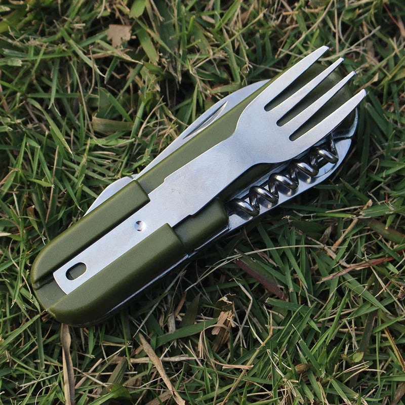 2022 Portable Camping Cutlery Set – Folding Army Green Knife, Fork, Spoon & Bottle Opener