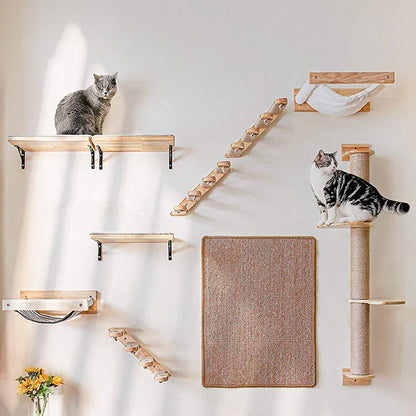 Wall-Mounted Cat Hammock & Perch – Space-Saving Wooden Climbing Tree & Scratching Post