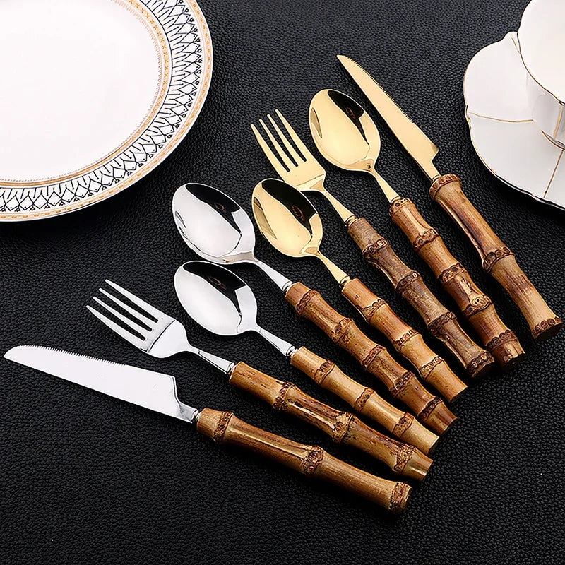 24-Piece Bamboo Cutlery Set – Stainless Steel Flatware with Natural Bamboo Handles